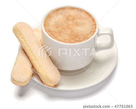 White ceramic cup of coffee with a savoiardi ladyfinger cookie on a plate White ceramic cup of coffee with a savoiardi ladyfinger cookie on a plate 47781863