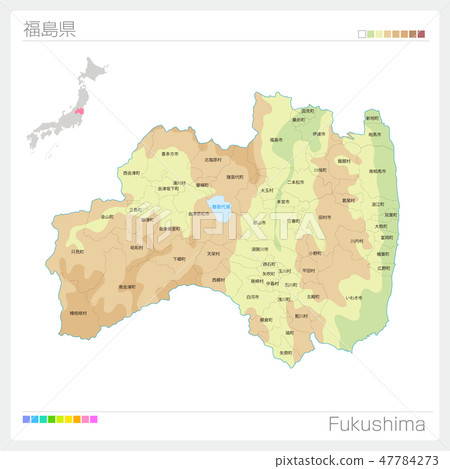 Map of Fukushima prefecture (contour lines · color coding · municipalities · division) 47784273