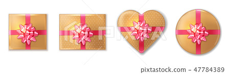 Golden giftbox set with pink bow Vector realisti Golden giftbox set with pink bow Vector realisti 47784389