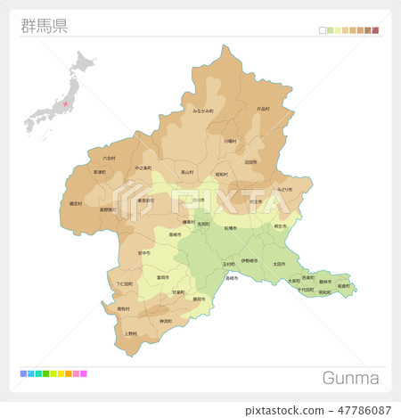 Map of Gunma prefecture (contour line · color coding · municipality · division) 47786087