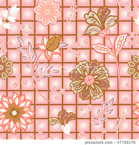 Hand draw blooming garden flowers on window check or grid seamless pattern. Vector repeat pattern 47788176