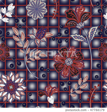 Hand draw blooming garden flowers on window check or grid seamless pattern. Vector repeat pattern Hand draw blooming garden flowers on window check or grid seamless pattern. Vector repeat pattern 47788179