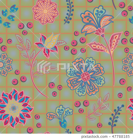 Hand draw blooming garden flowers on window check or grid seamless pattern. Vector repeat pattern 47788185