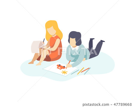 Cute Boy And Girl Drawing With Pencils Kids Stock Illustration