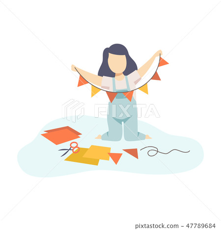 Girl making Garland of Colorful Pennants, Kids Creativity, Education, Development Vector 47789684