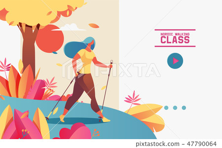landing page young woman doing nordic walking. 47790064