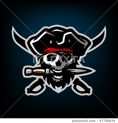 The skull of a pirate, with a dagger in his teeth. 47790634