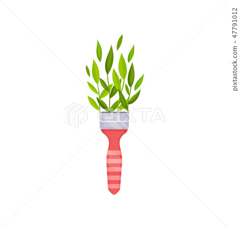 Twigs with green leaves in pink paint brush handle. Spring season. Nature and botany theme. Flat 47791012