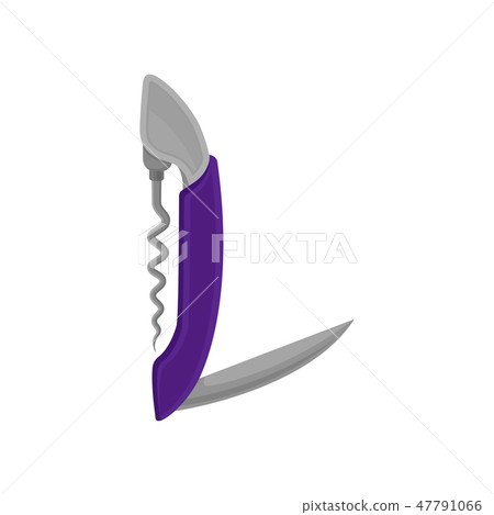 Flat vector icon of purple folding stainless steel bottle opener with knife. Corkscrew with spiral 47791066