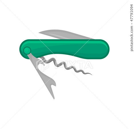 Pocket folding steel bottle opener with knife. Corkscrew with spiral metal rod. Kitchen multi tool 47791094