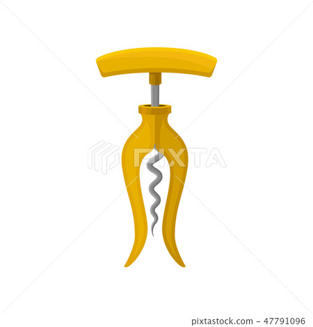 Flat vector icon of corkscrew with bright yellow handle and spiral metal rod. Device for pulling 47791096