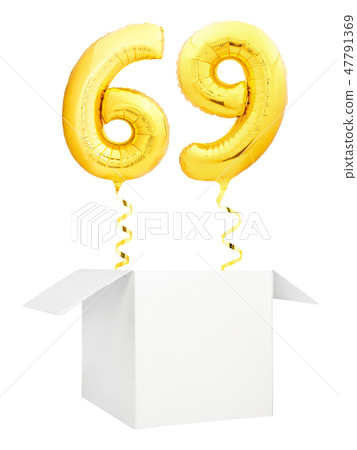 Golden number sixty nine inflatable balloon with golden ribbon flying out of blank white box 47791369