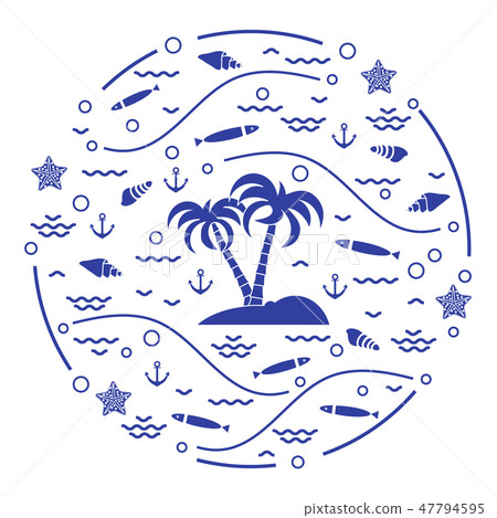 fish, island with palm trees, anchor, waves, fish, island with palm trees, anchor, waves, 47794595