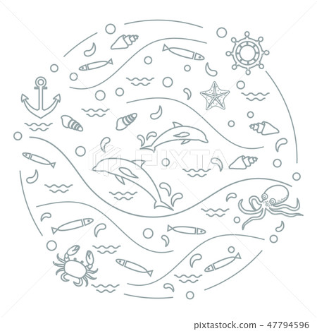 dolphins, octopus, fish, anchor, helm, waves, dolphins, octopus, fish, anchor, helm, waves, 47794596