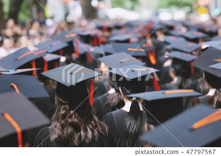 blurred image,shot of graduation hats during  47797567