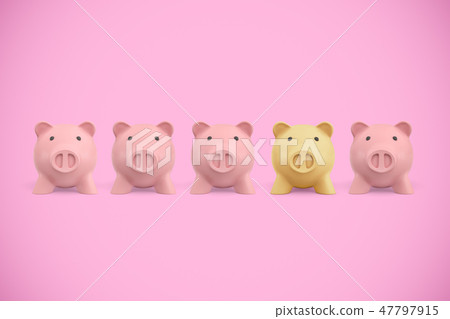 3d rendering of five piggy banks standing in a row on a pink background. 3d rendering of five piggy banks standing in a row on a pink background. 47797915