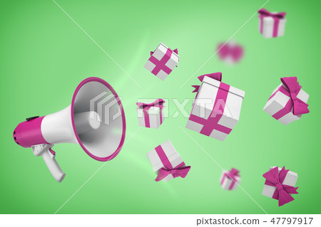 3d rendering of white and violet megaphone hangs on a green background with many gift boxes flying 3d rendering of white and violet megaphone hangs on a green background with many gift boxes flying 47797917