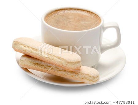 White ceramic cup of coffee with a savoiardi ladyfinger cookie on a plate White ceramic cup of coffee with a savoiardi ladyfinger cookie on a plate 47798011