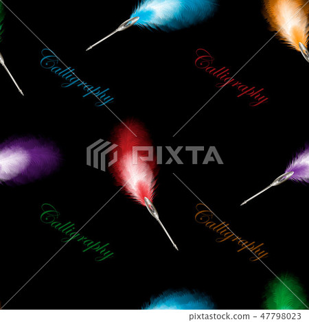 Feather calligraphic ink pen on black background with text calligraphy. Seamless pattern 47798023