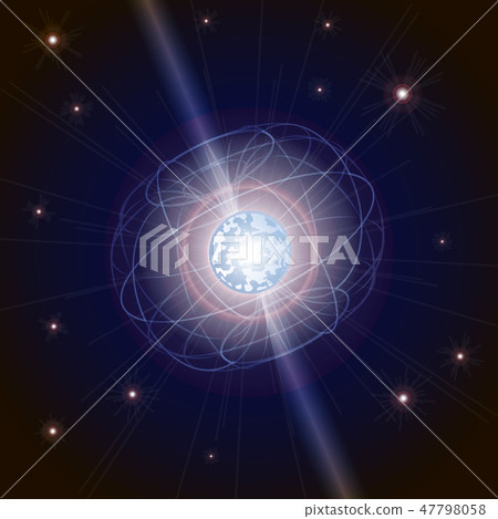 Blitzar. Pulsar. Neutron star makes radiation ray waves. Magnetar with Magnetic Field. Vector 47798058