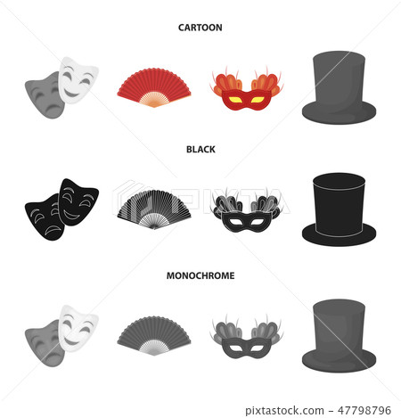 Theatrical mask, cylinder, fan, mask on the eyes. Theater set collection icons in cartoon,black 47798796
