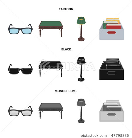 Glasses, a wooden table, a floor lamp, a box with books. A library and a bookstore set collection Glasses, a wooden table, a floor lamp, a box with books. A library and a bookstore set collection 47798886
