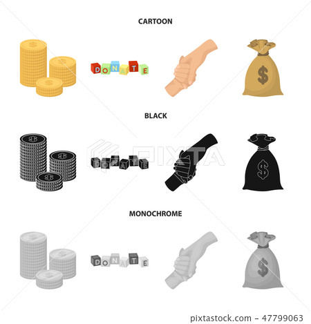 A pile of coins for donations, colored cubes with an inscription, a handshake, a bag of money for 47799063