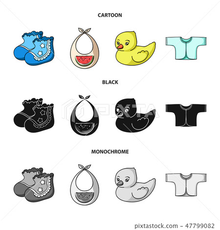 Socks, bib, toy duck, raspashonka.Baby born set collection icons in cartoon,black,monochrome style Socks, bib, toy duck, raspashonka.Baby born set collection icons in cartoon,black,monochrome style 47799082