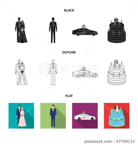Wedding and Attributes cartoon ,flat,outline,black icons in set collection for design.Newlyweds and 47799113