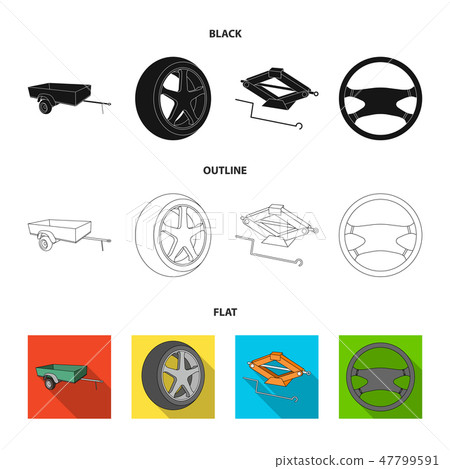 Caravan, wheel with tire cover, mechanical jack, steering wheel, Car set collection icons in cartoon 47799591