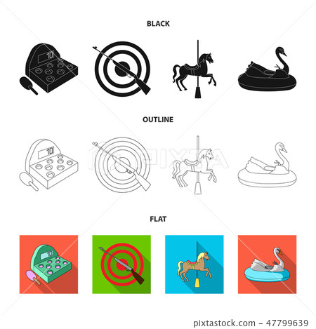 A game with a bat, a target with a gun, a horse on a carousel, a swan attraction. Amusement park set A game with a bat, a target with a gun, a horse on a carousel, a swan attraction. Amusement park set 47799639