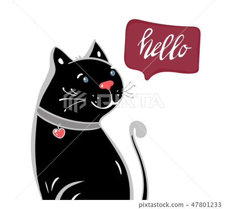 Cute happy black Cat character holding flower with lettering calligraphy text. Hand drawn, vector Cute happy black Cat character holding flower with lettering calligraphy text. Hand drawn, vector 47801233