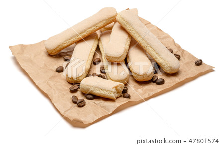 Traditional Italian Savoiardi ladyfingers Biscuits on craft paper Traditional Italian Savoiardi ladyfingers Biscuits on craft paper 47801574