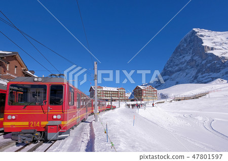 Jungfrau railway train station at Kleine Scheidegg to Jungfraujoch, north face of mount Eiger in 47801597
