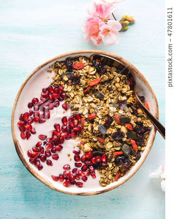 Healthy yogurt bowl with granola and pomegranate Healthy yogurt bowl with granola and pomegranate 47801611