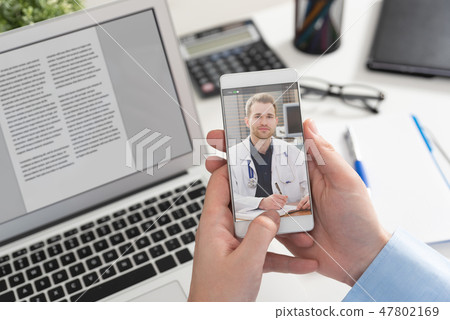 Doctor with a stethoscope. Telehealth conference. Doctor with a stethoscope. Telehealth conference. 47802169