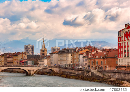 Church, Isere river and bridge in Grenoble, France 47802583