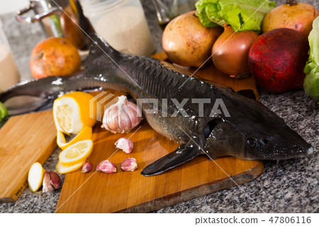 Fresh sturgeon with vegetables and spices on stone tabletop 47806116
