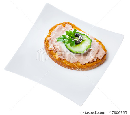 Pate on toasted bread with fresh cheese on white plate Pate on toasted bread with fresh cheese on white plate 47806765