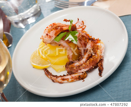 Delicious cooked squid or octopus tentacles with lemon and parsley on a plate 47807292