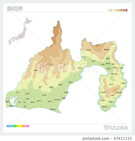 靜岡縣地圖(等高線·顏色編碼·市町村·區) 靜岡縣地圖(等高線·顏色編碼·市町村·區) 47811113
