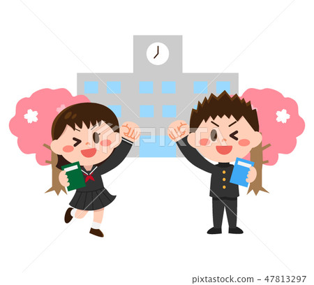 Students in schoolchool and schoolchool with school and books (spring) 47813297