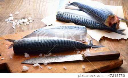 Fresh mackerel on the board. 47813750