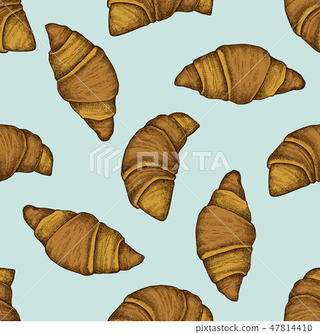 Seamless pattern with hand drawn colored croissants and bread 47814410