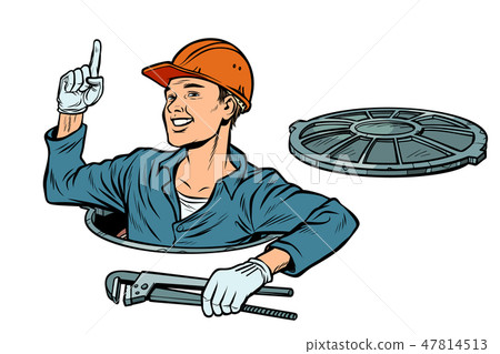 gesture attention. Plumber in the manhole 47814513