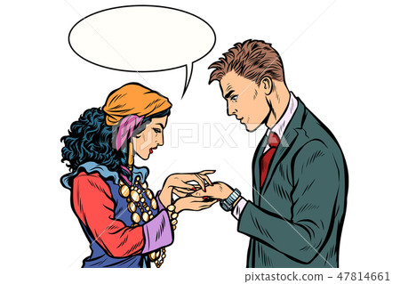 a Gypsy telling fortunes by hand to businessman. isolate on whit 47814661