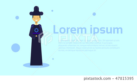 Asian Man Cartoon Character Wear Traditional Clothes Over Template Background With Copy Space 47815395