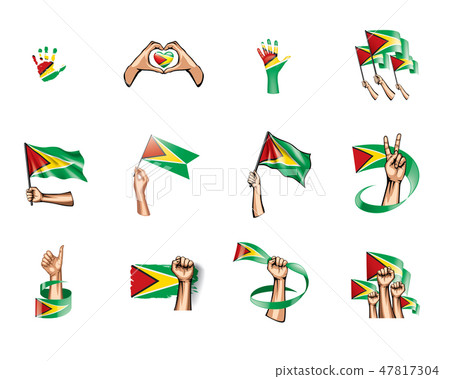 Guyana flag and hand on white background. Vector illustration 47817304
