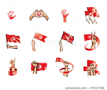 Tunisia flag and hand on white background. Vector illustration 47817308