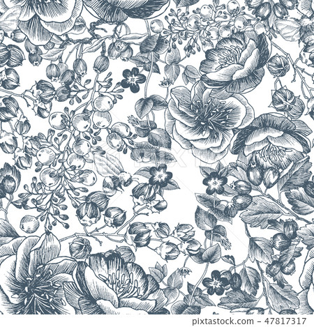 Wild flowers blossom branch seamless pattern.... - Stock Illustration ...